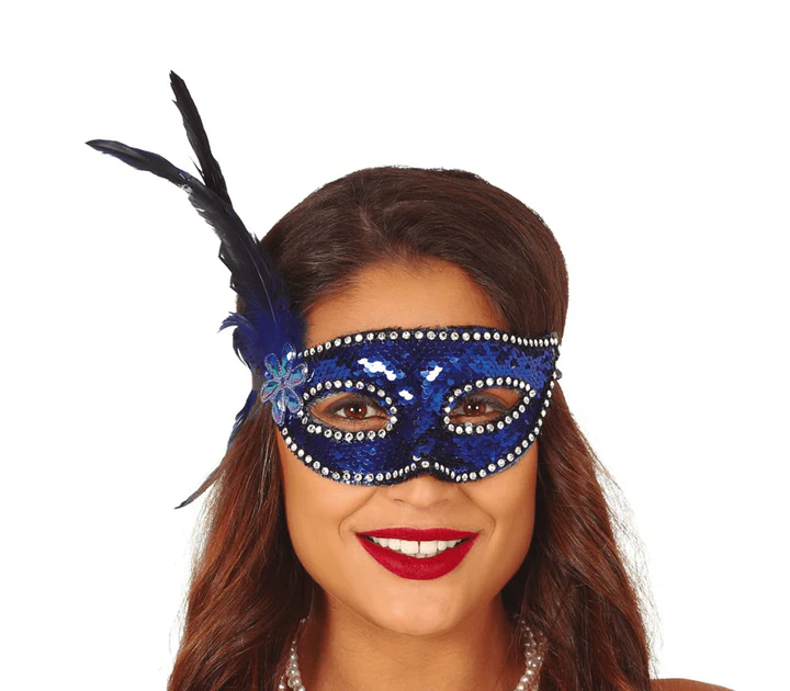 Maschera Piume Paillettes Blu E MASCHERA NERA